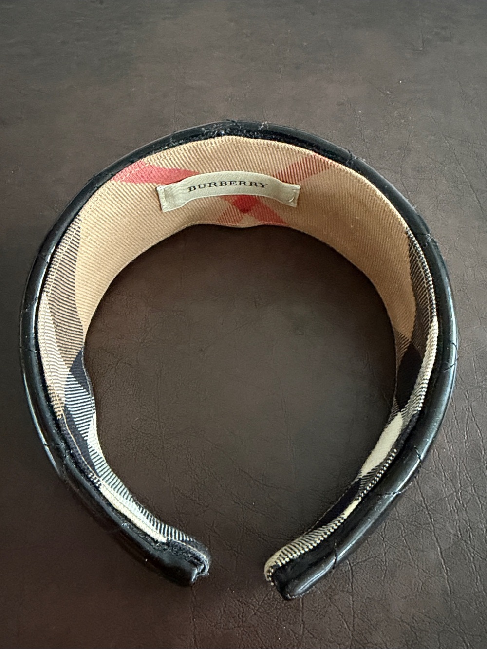 Burberry Black Quilted Leather Headband with Vintage Check Interior